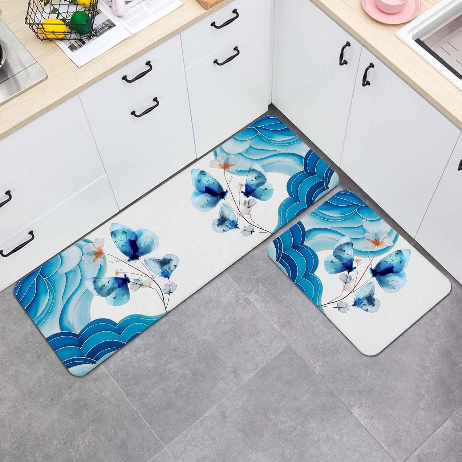 Blue Butterfly Kitchen Mat Set 2 Pieces Watercolor White Flowers Ocean Wave Modern Non Slip Kitchen Rugs Washable Runner Rug Mats for Floor Sink Laundry Office 15.7" x 23.6"+15.7" x 47.2"
