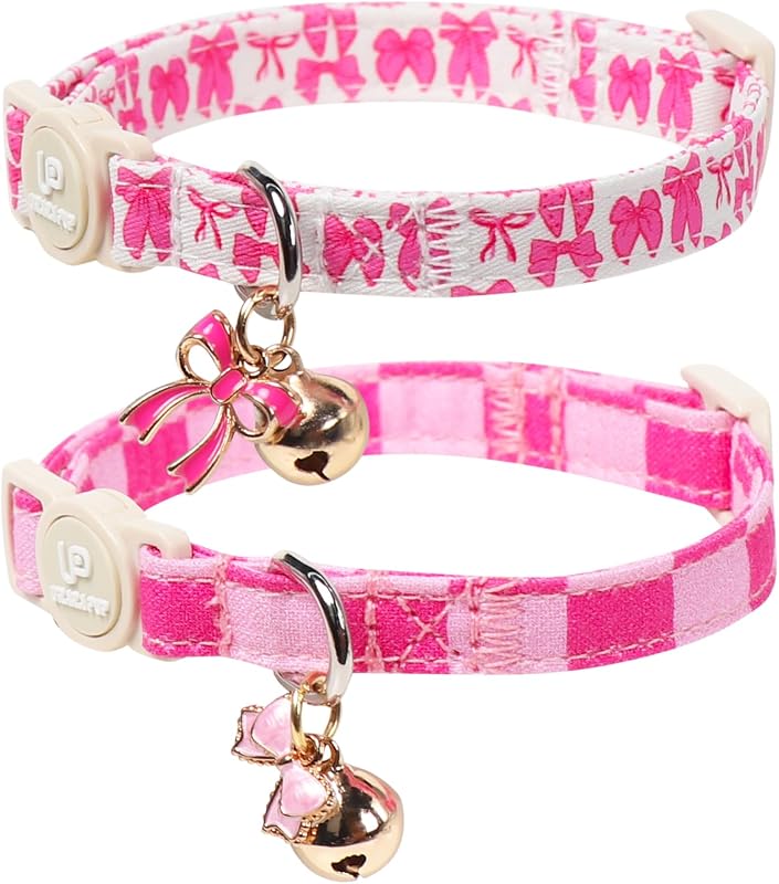 Coleira para Gatos de Algodão com Fivela Breakaway, Guizo e Pingente UP URARA PUP, Rosa com Estampa Xadrez e Laço, Pacote com 2