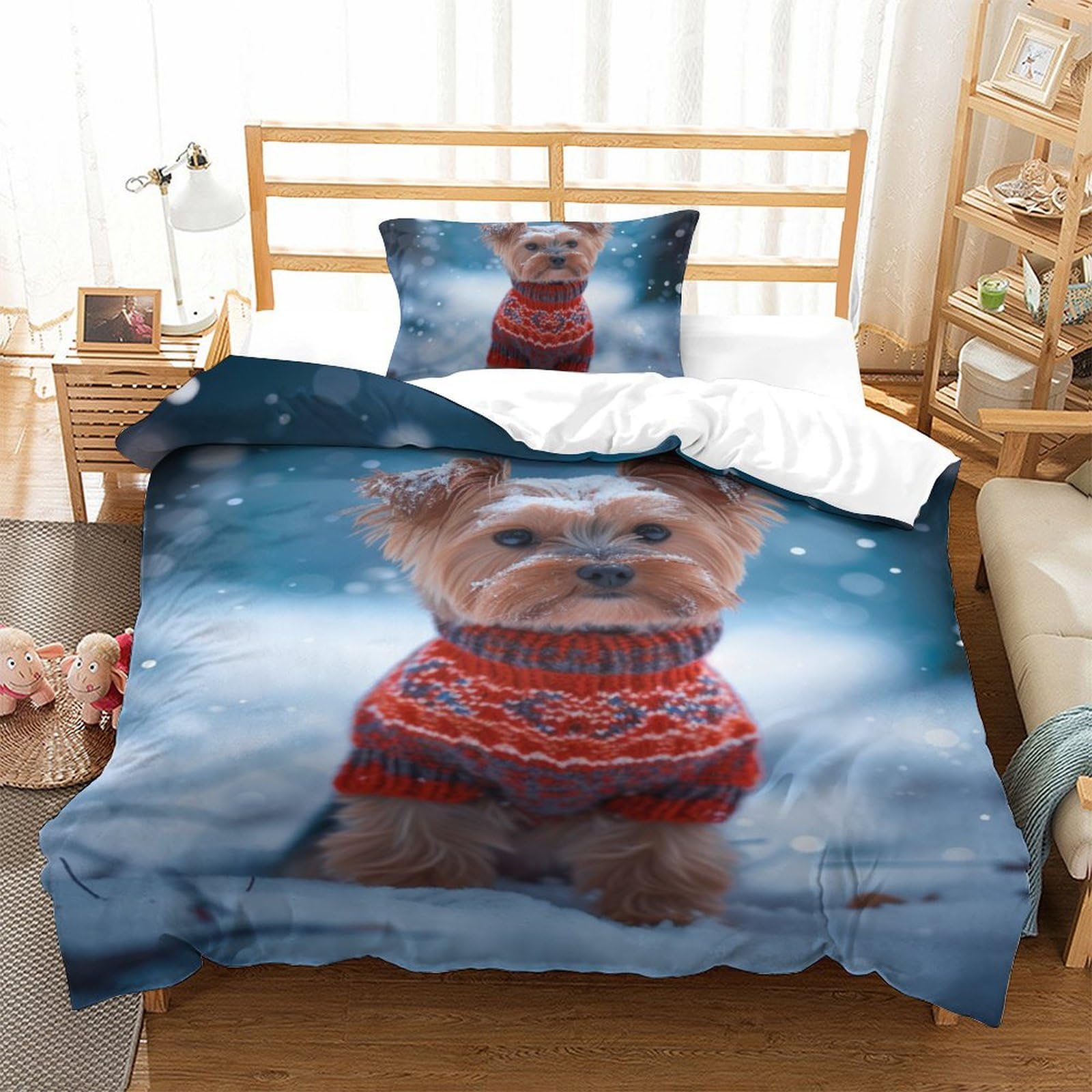 Housse de couette Yorkshire Terrier 3D en microfibre 135x200cm avec taie d'oreiller