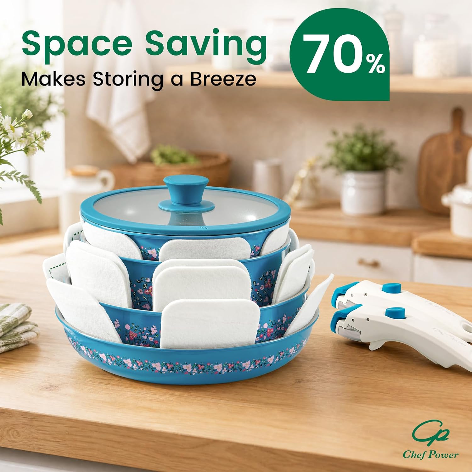 Chef Power Ceramic Cookware Set Non Toxic with Detachable Handles, Healthy Nonstick Decal Pans and Pots Set 14 Pcs, Induction Dishwasher Oven Safe Kitchen Set, Turquoise with Bougainvillea