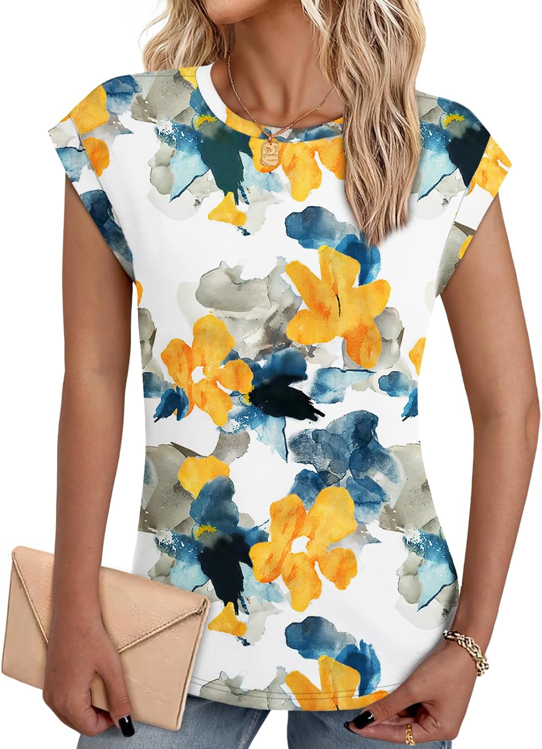 NORACORA Womens Summer Tops Short Sleeve Floral Shirts Dressy Casual Cap Sleeve Crew Neck Cute Tunic Blouses Fashion Clothes