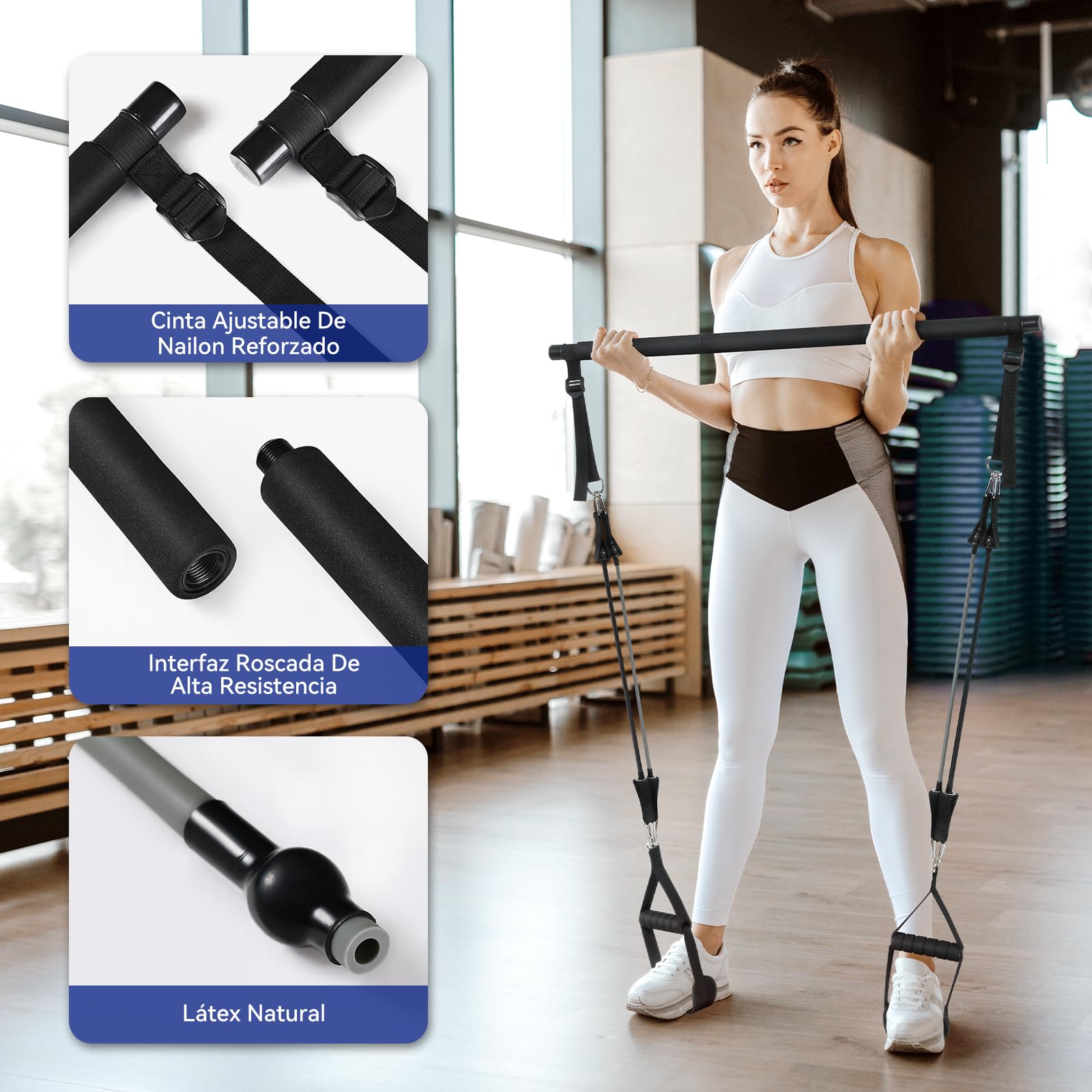 Barra de Pilates, ALongSong Barra Pilates Hecha de Hierro con Bandas de Resistencia de Tubo de Látex Natural(40-180lbs), Gomas Elasticas Musculacion para Gimnasio En Casa, Navidad