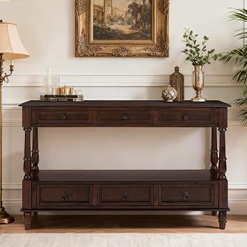 Vintage Solid Wood Console Table with 6 Drawers - 54" Hallway Sofa Table with Bottom Shelf for Entrance, Living Room & Foyer, Espresso