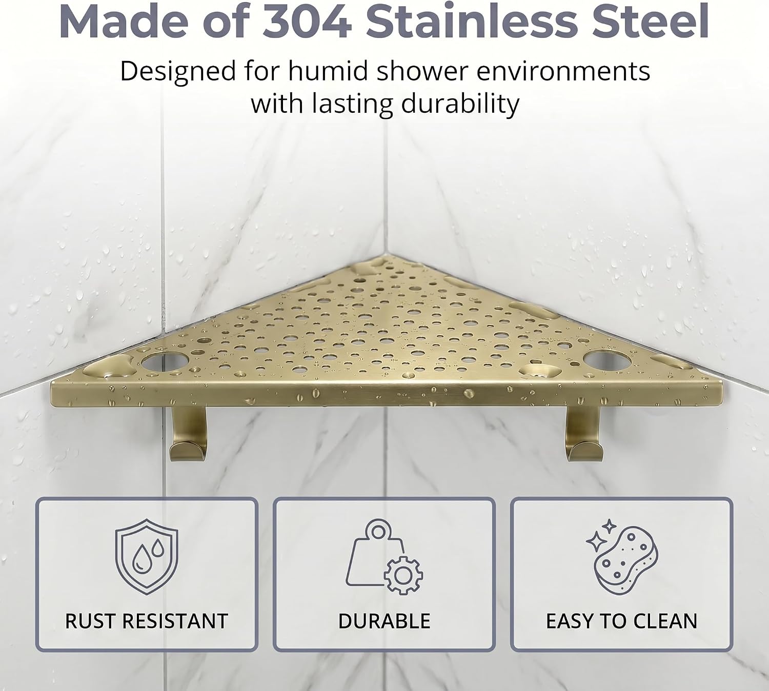 HIDROP 2 Pack Corner Shower Shelves with 4 Hooks & 4 Razor Holes, 10" Stainless Steel Bathroom Corner Shelf, Embed into Tile Gap Shower Corner Shelf for Tile Walls (Brushed Gold)