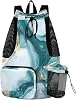 Mesh Gym Swimming Bags for Men & Women, Marbling Teal Gold Texture Large Drawstring Backpack with Dry-Wet Pocket, Lightweight Gym Bag for Sports, Travel, Beach, Workout Gear