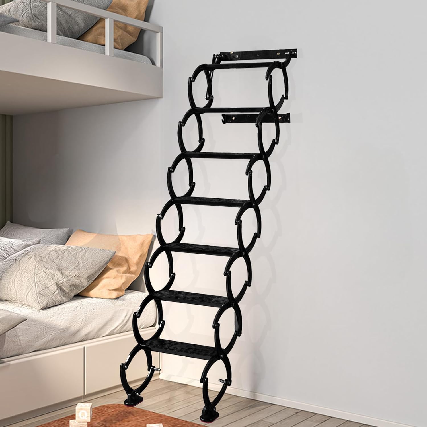 7 steps wall mounted attic ladder, indoor attic stairs pull down system, metal telescoping step ladders, anti-slip retractable folding stair, loft extension steps staircase for garages(black, 7 steps) black 7 steps