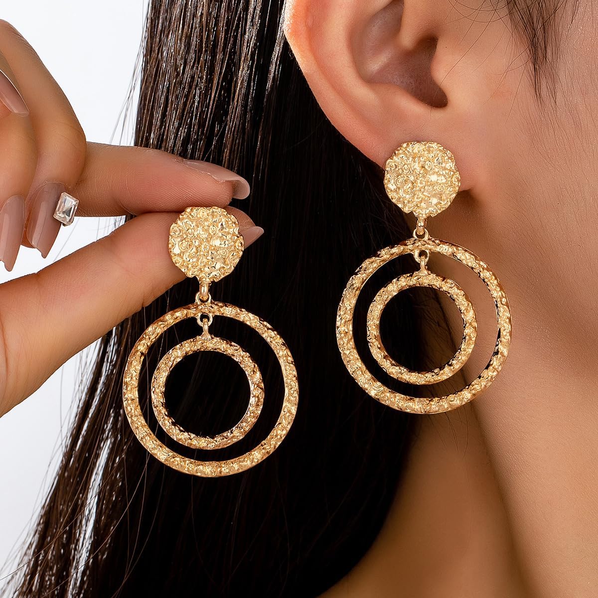 Double Round Hoop Earrings for Women Hammered Large Circle Dangle Earrings Gold Plated Textured Drop Dangle Earring Trendy Jewelry Gift - Image 2