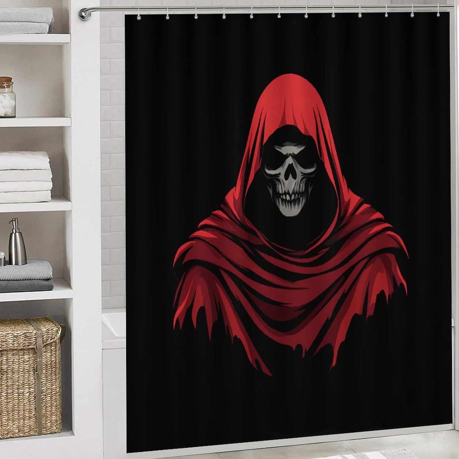 Grim Reaper Red Cloak Modern Bathroom Sets with Shower Curtain and Rugs Decor 4 Pcs with 12 Hooks