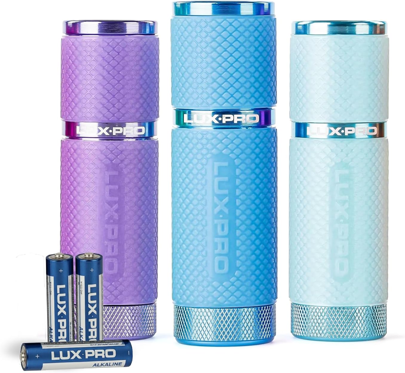 LUXPRO 3 Pack Mini Flashlights - LP395 Gel Glow in Dark - Aluminum LED Flashlights with Maximum Brightness of 40 Lumens - IPX4 Water Resistant - 3 AAA Batteries Included - Purple, Blue & Teal