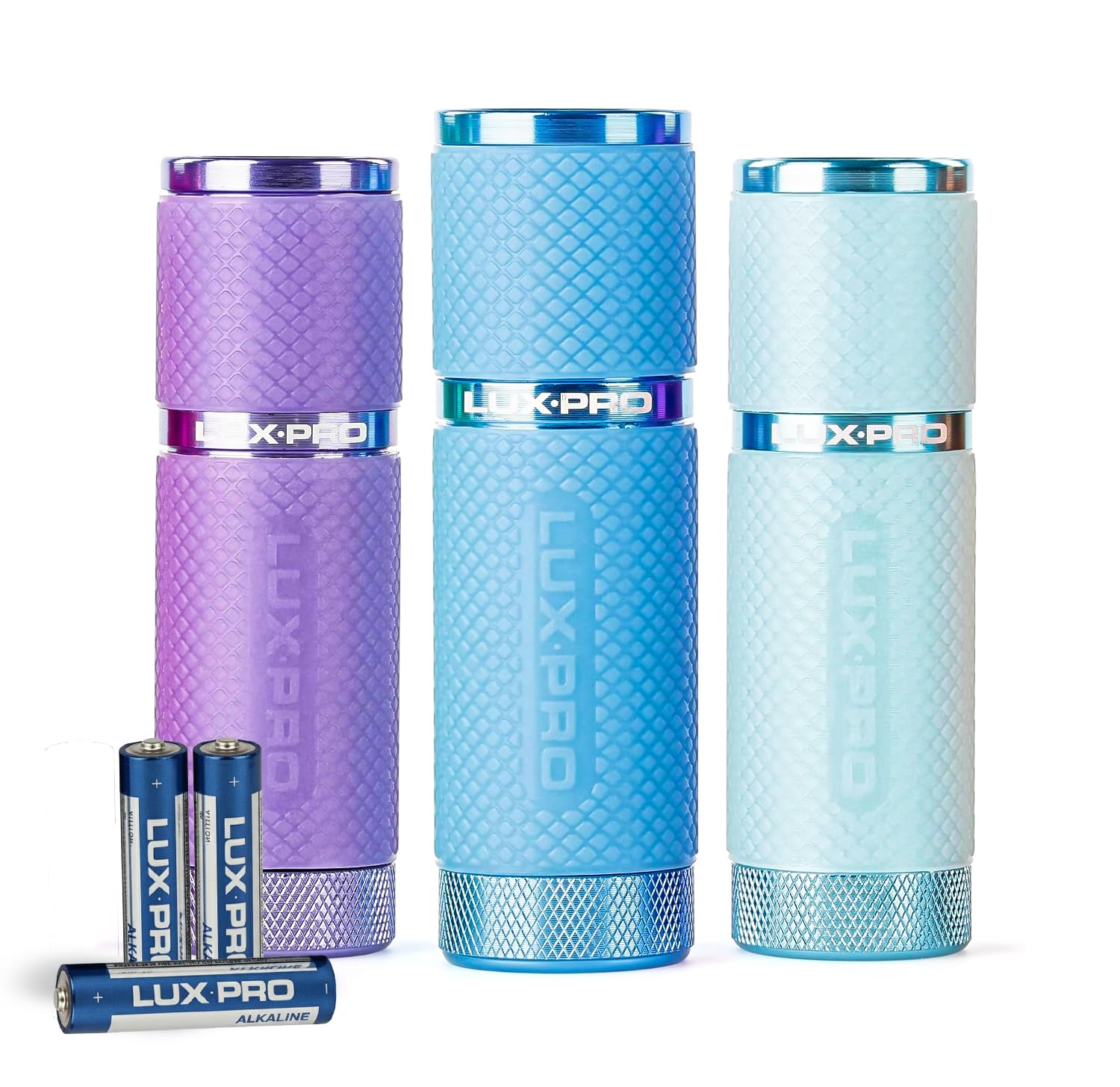 3 Pack Mini Flashlights - LP395 Gel Glow in Dark - Aluminum LED Flashlights with Maximum Brightness of 40 Lumens - IPX4 Water Resistant - 3 AAA Batteries Included - Purple, Blue & Teal