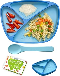 BRVTOT Newest Toddler Suction Plates for Baby, Food Grade Platinum Silicone Baby Plates BPA Free, Divided Suction Toddler Plate Dishes and Spoon Set for Self Feeding, Deeper Design, Dishwasher Safe