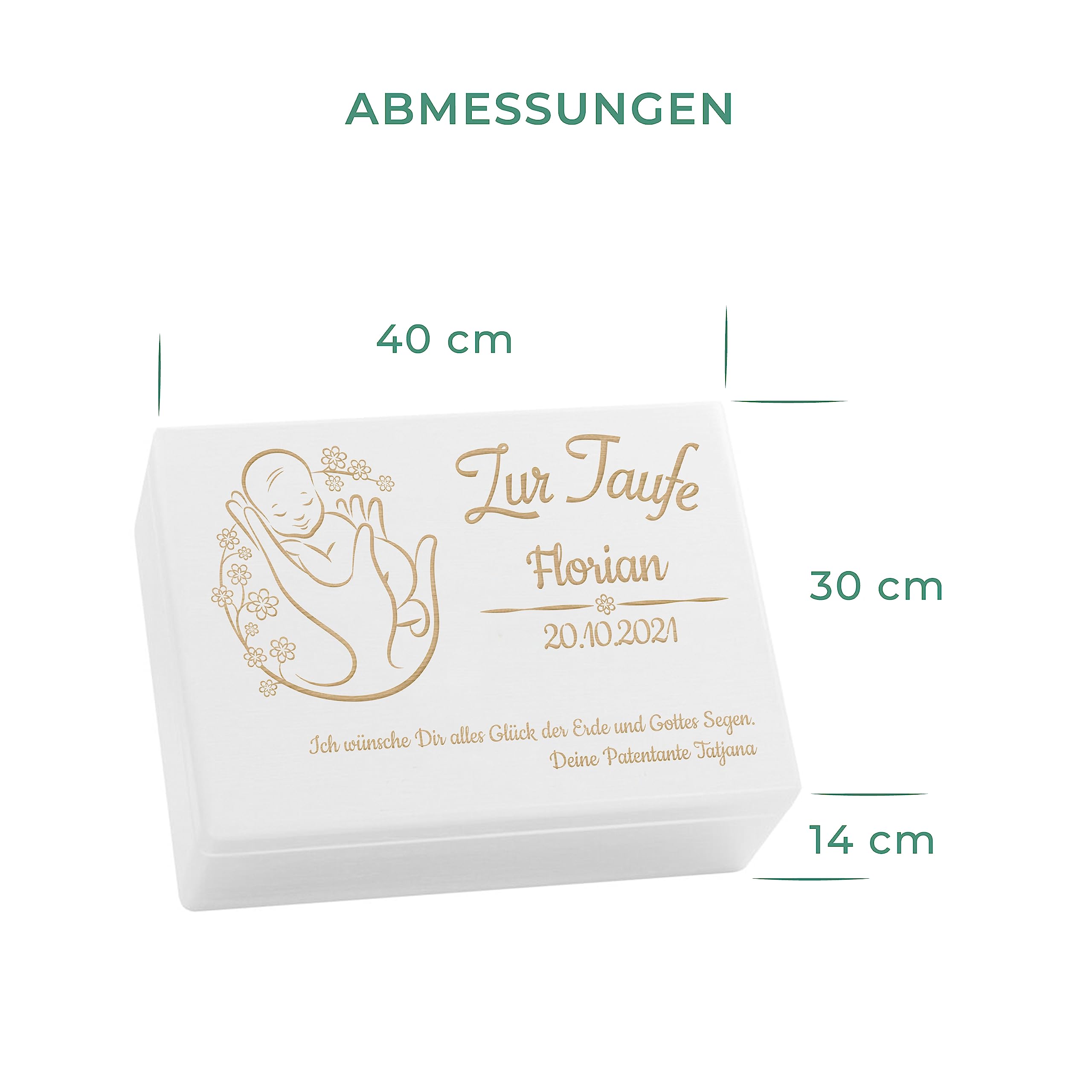 LAUBLUST Holzkiste mit Gravur - Personalisiert mit Name | Datum | WIDMUNG - Weiß Größe L - Blumenbaby Motiv - Geschenkkiste zur Taufe, FSC®