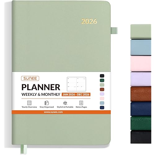 SUNEE 2026 Weekly & Monthly Hardcover Planner 5.5" x 8.3" - 12 Month (January 2026 - December 2026), Small Hardcover Planner, Pocket, Notes, 100 GSM Paper, Sage Green