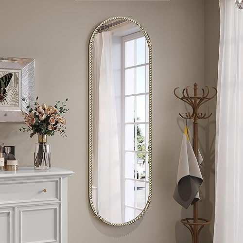 Miniatura 2 de Espejo ovalado dorado de longitud completa para baño, espejo de latón antiguo con cuentas de 16 x 48 pulgadas para decoración de pared, espejos de