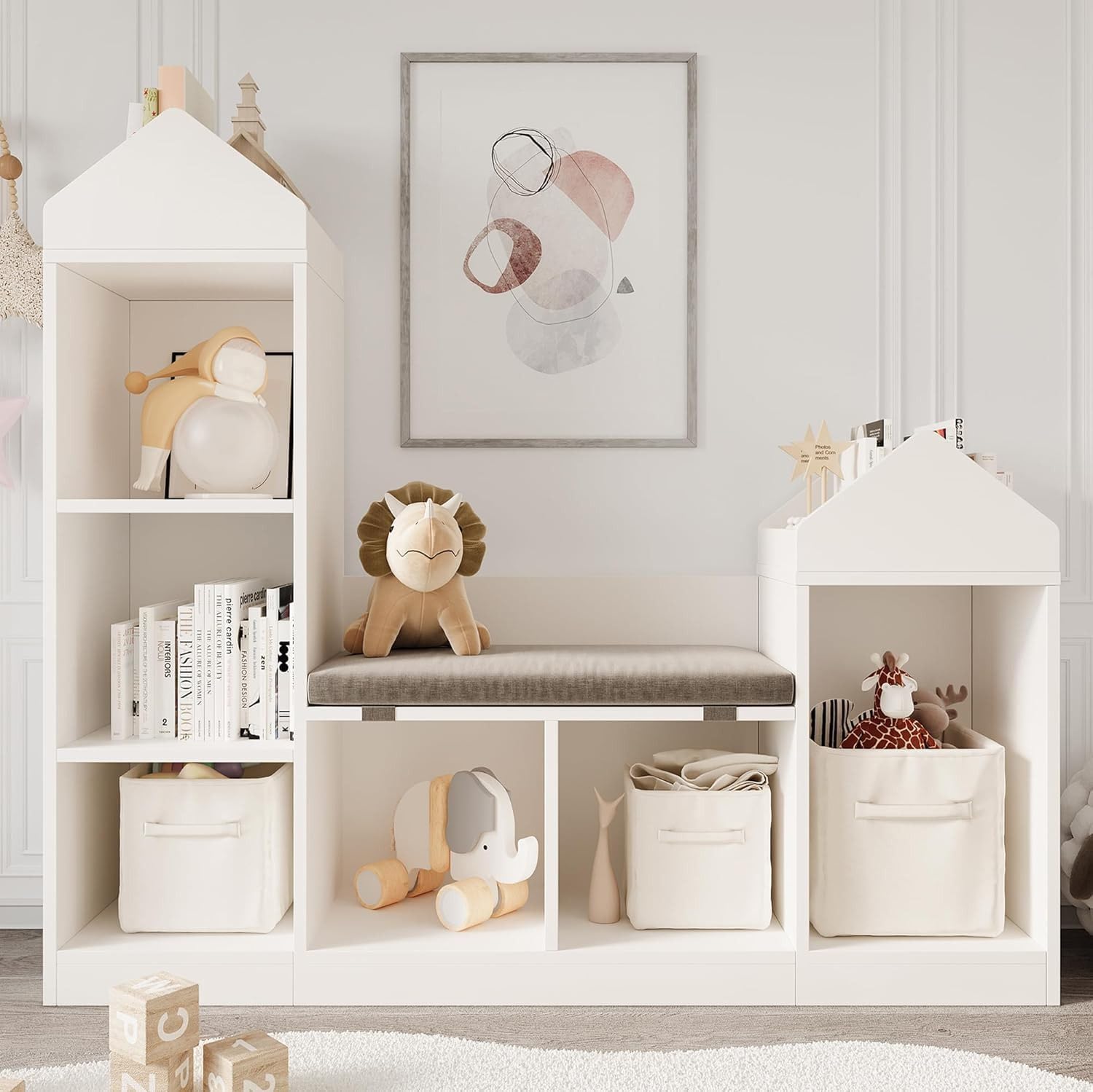 Garvee Estantería Niños Grande con Asiento - 121 * 30 * 108CM - Librería Infantil de Madera - Compartimentos Clasificables Multifunción - Estanteria Infantil Gran Capacidad - Color Blanco