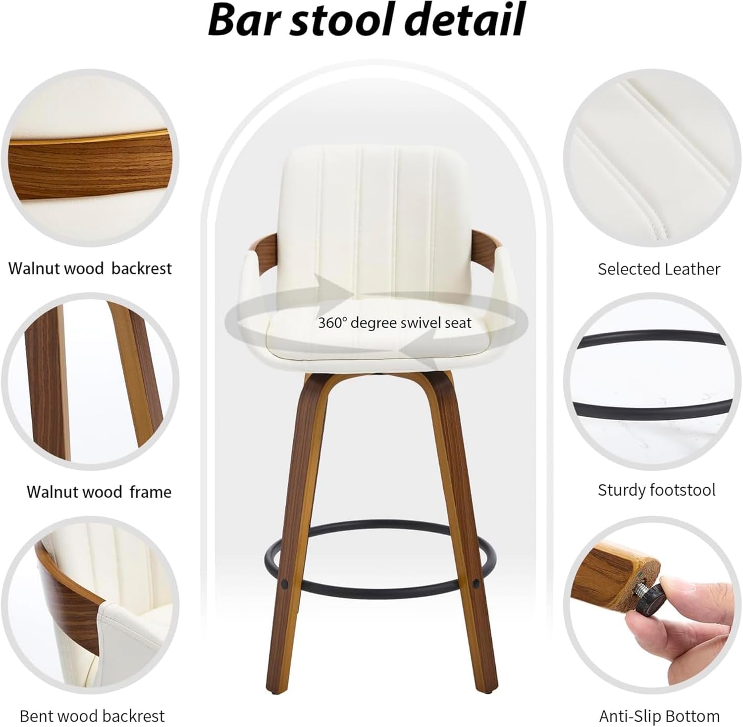 VipDesk Bar Stools, 26" Counter Height Swivel Stools with Back, Walnut Wood Frame, PU Leather, Built-in Footrest, Modern Kitchen Island Chairs – Easy Assembly & Sturdy Design - Cream White
