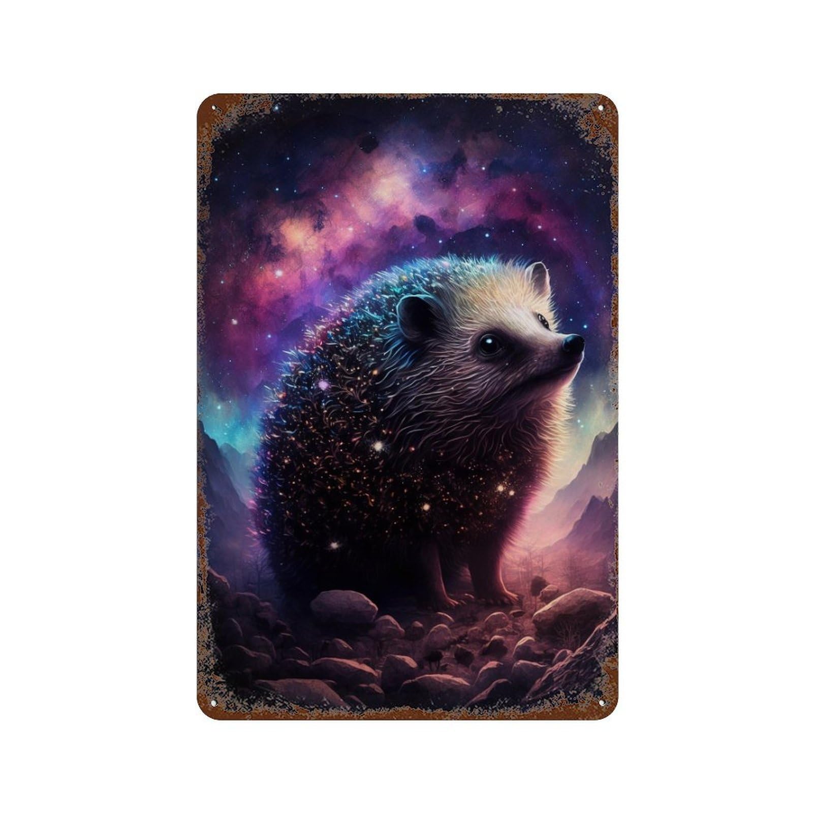 Rust Effect Galactic Hedgehog Art Print Rustic Tin Plaque 11.8"x7.9", Shabby Chic Decor for Basement, Hobby Room And Garage Decor