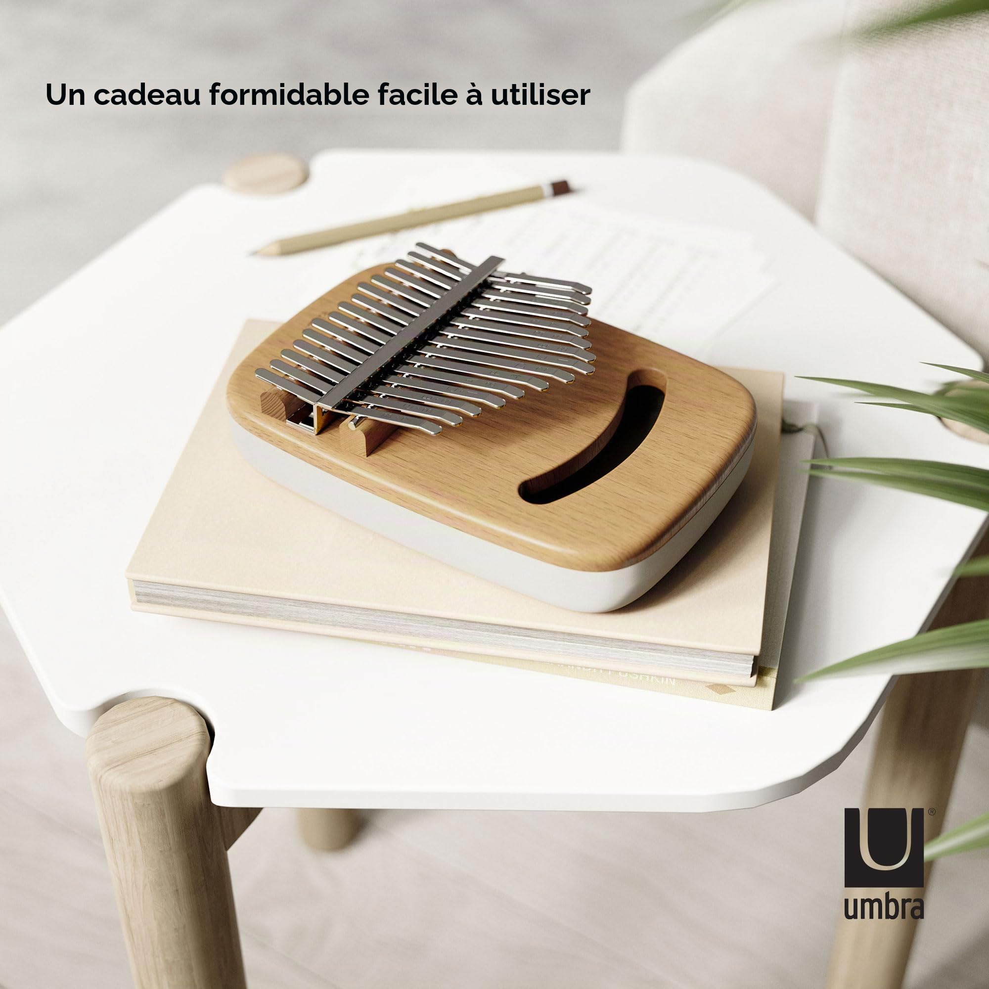 Umbra Strumba Kalimba Piano à pouce portable 15 touches Instrument de musique décoratif avec plateau intégré pour partitions de musique