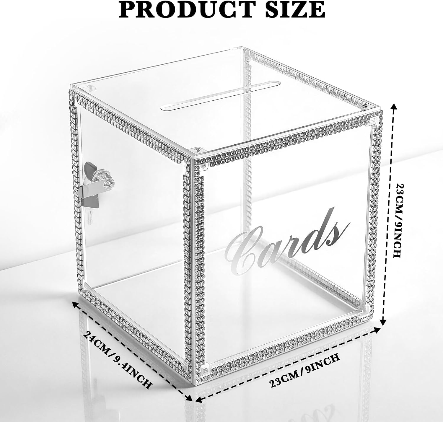 Acrylic Wedding Card Box with Lock and Slot, Envelop Box Gift Holder with Diamond, Clear Card Box for Wedding Reception, Baby Shower, Birthday, Graduation (Small)