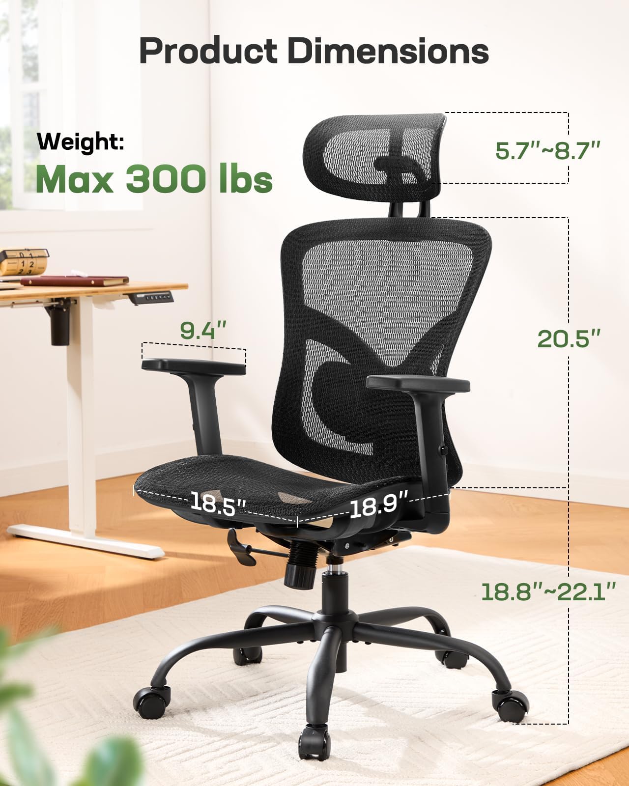 Marsail Sedia Da Ufficio Ergonomica In Rete – Schienale A S Con Supporto Lombare Regolabile, Braccioli Ribaltabili, Girevole, Portata 136 Kg (Nera)