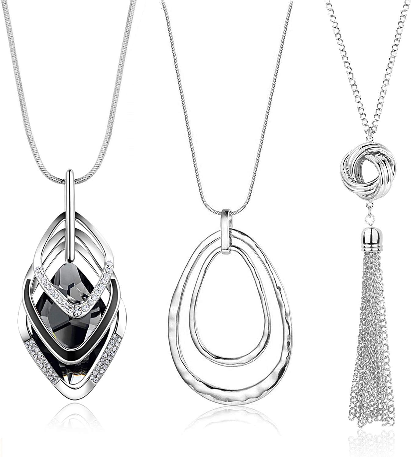 3PCS Long Pendant Necklaces for Women Disk Circle Pendant Triple Stack Pendant Necklace Tassel Sweater Necklace Statement Necklace Y Necklaces Set