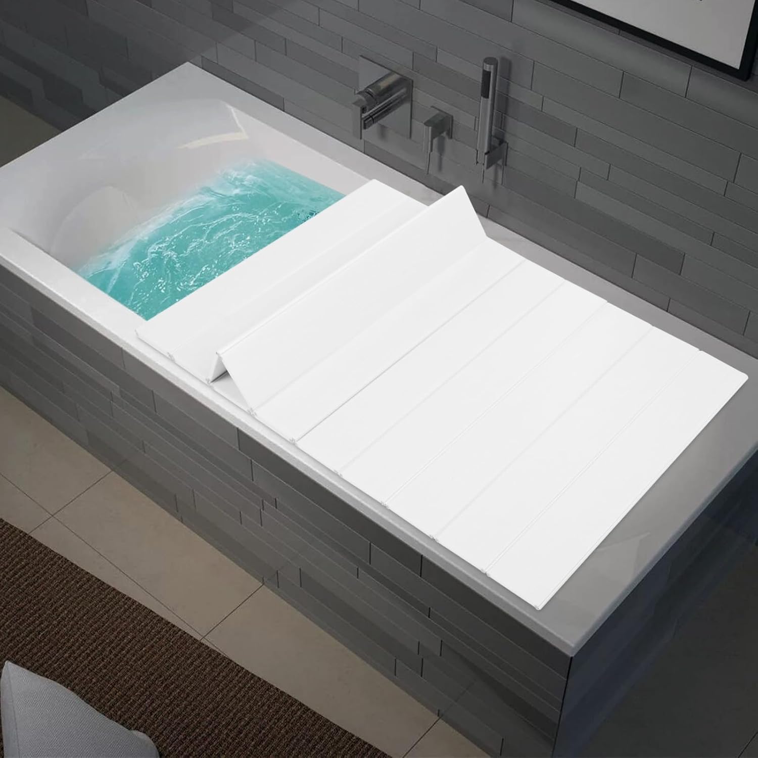 Foldable Bathtub Cover Tray, Dual Use Heat Retaining and Storage Shelf, Dust Proof Pet Safe Design, Eco-Friendly PVC with 11lb Capacity for Standard Tubs (White/Yellow) (White, 150 * 80 * 0.65cm)