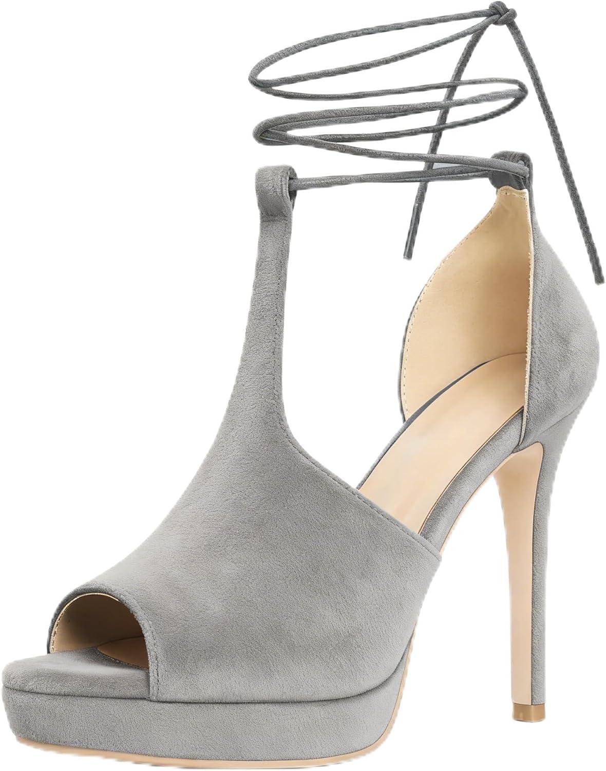 Joseywade Women's Suede Platform Heels Peep Toe Lace Up Stiletto Heels Dress Sandals with Heels