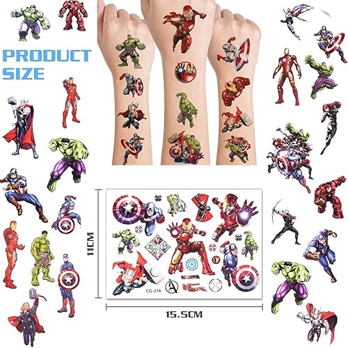 Miniatura 3 de 8 hojas de tatuajes temporales de superhéroes para niños, tatuajes de superhéroes para niños y niñas, suministros de decoración de fiesta de