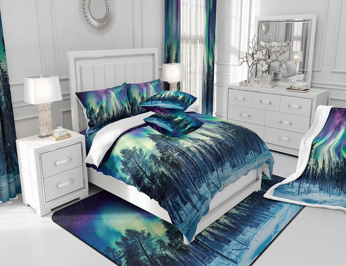 Northern Light Plush Blanket Galaxy Pine Trees Fleece Throw Blanket for Sofa Couch Bed Starry Sky Aurora Sherpa Blanket Room Decor Aurora Theme Fuzzy Blanket Green Purple Twin 60x80 Inch