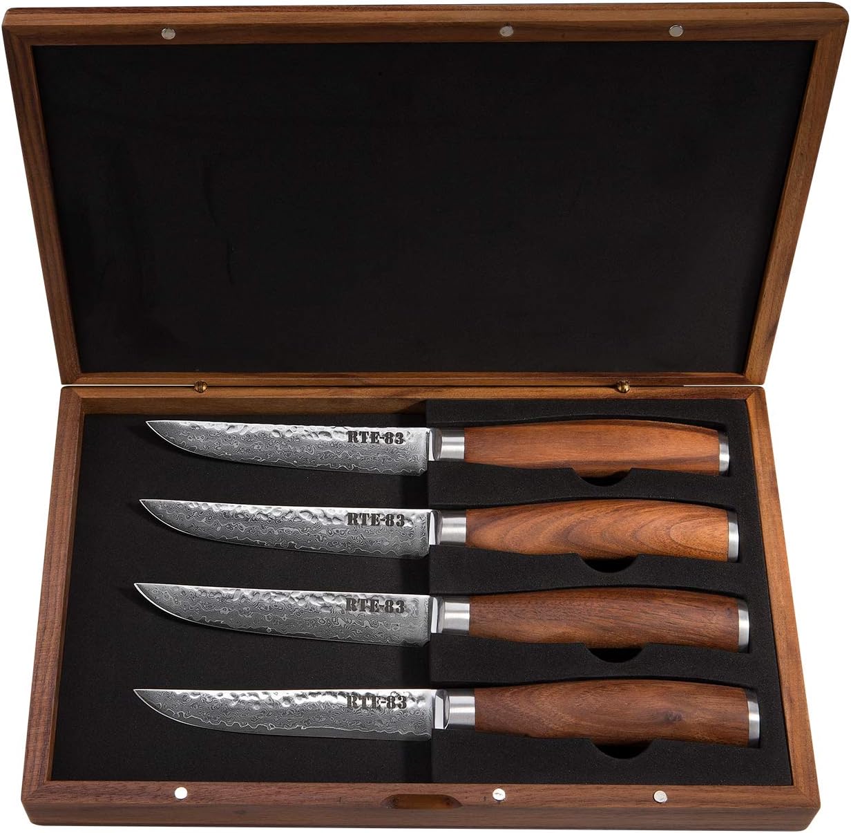 Route83 Signature The Tender Set of 4 Handmade Hammered Damascus Stainless Steel American Walnut Wood Handles