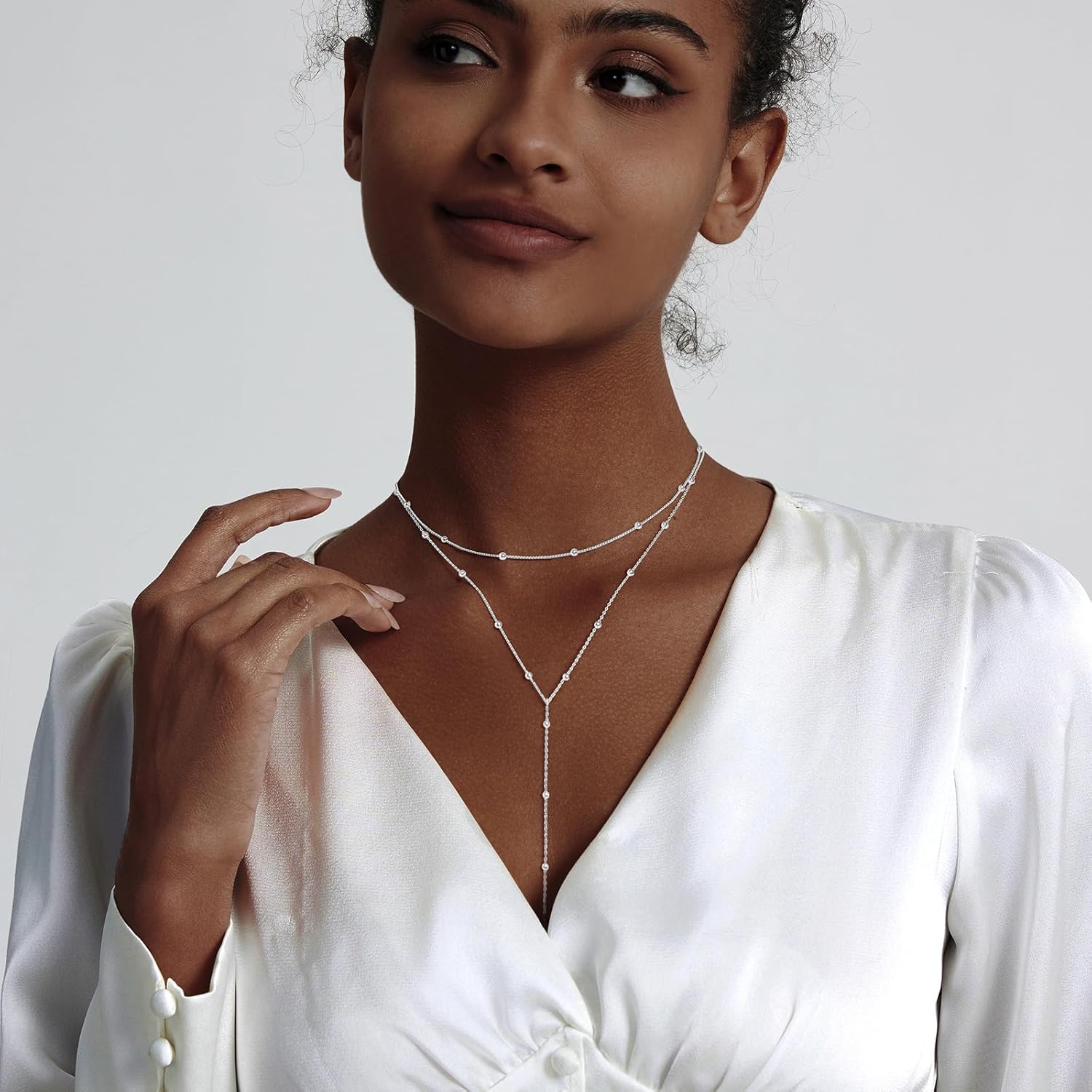 Luxval Lariat Silver Necklace for Women, Dainty Long Necklace Silver Y-Shaped Pendant Necklaces Trendy Beaded Chain Drop Necklaces Jewelry for Women Gifts - Image 4