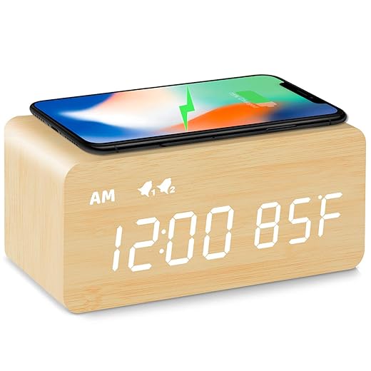 MOSITO Digital Wooden Alarm Clock with Wireless Charging, 0 100 % Dimmer, Dual Alarm review product