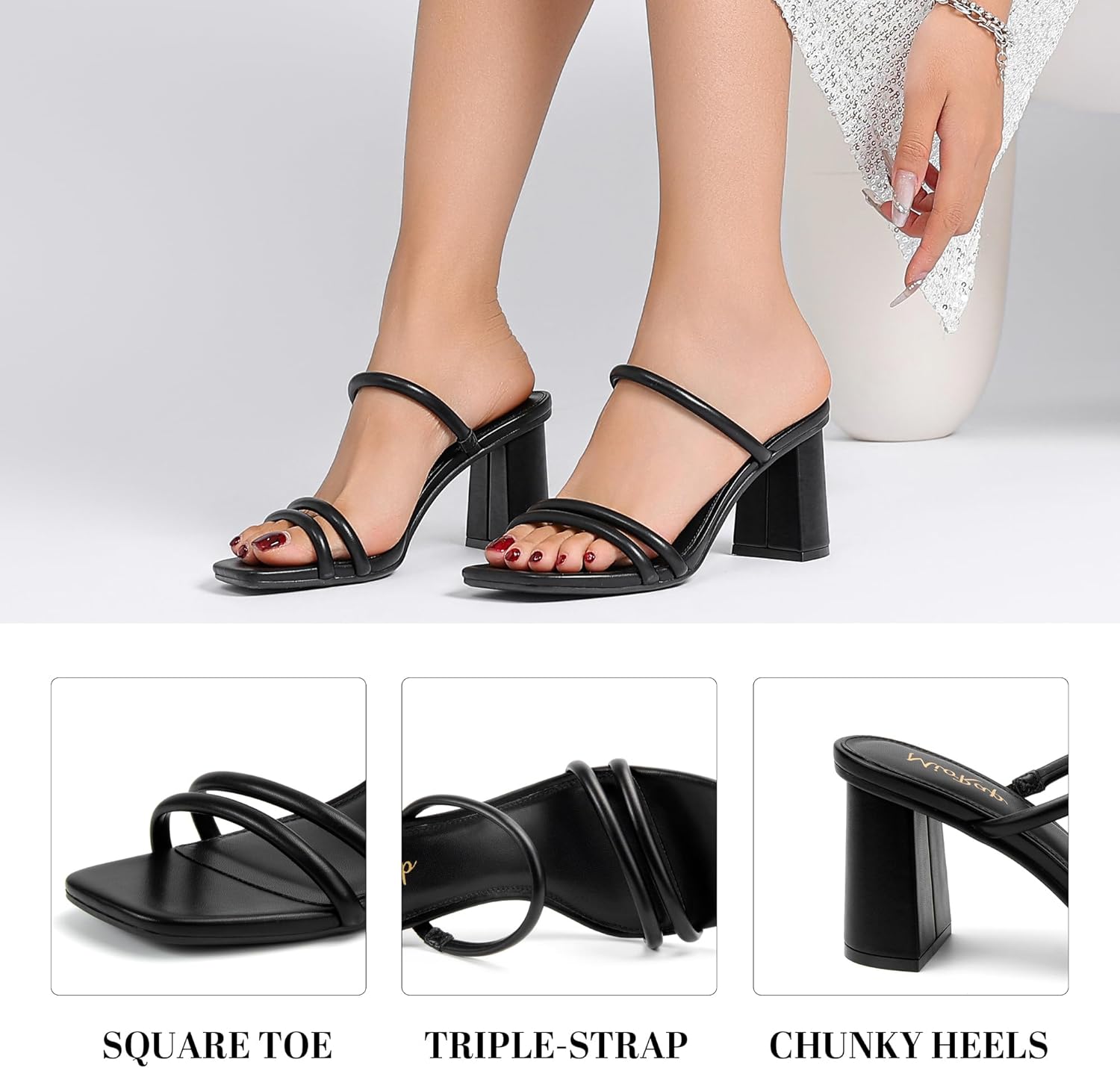 Miorap Square Open Toe Heels for Women Strappy Chunky Block Heeled Wedding Comfort Dressy Slides Sandals - Image 4