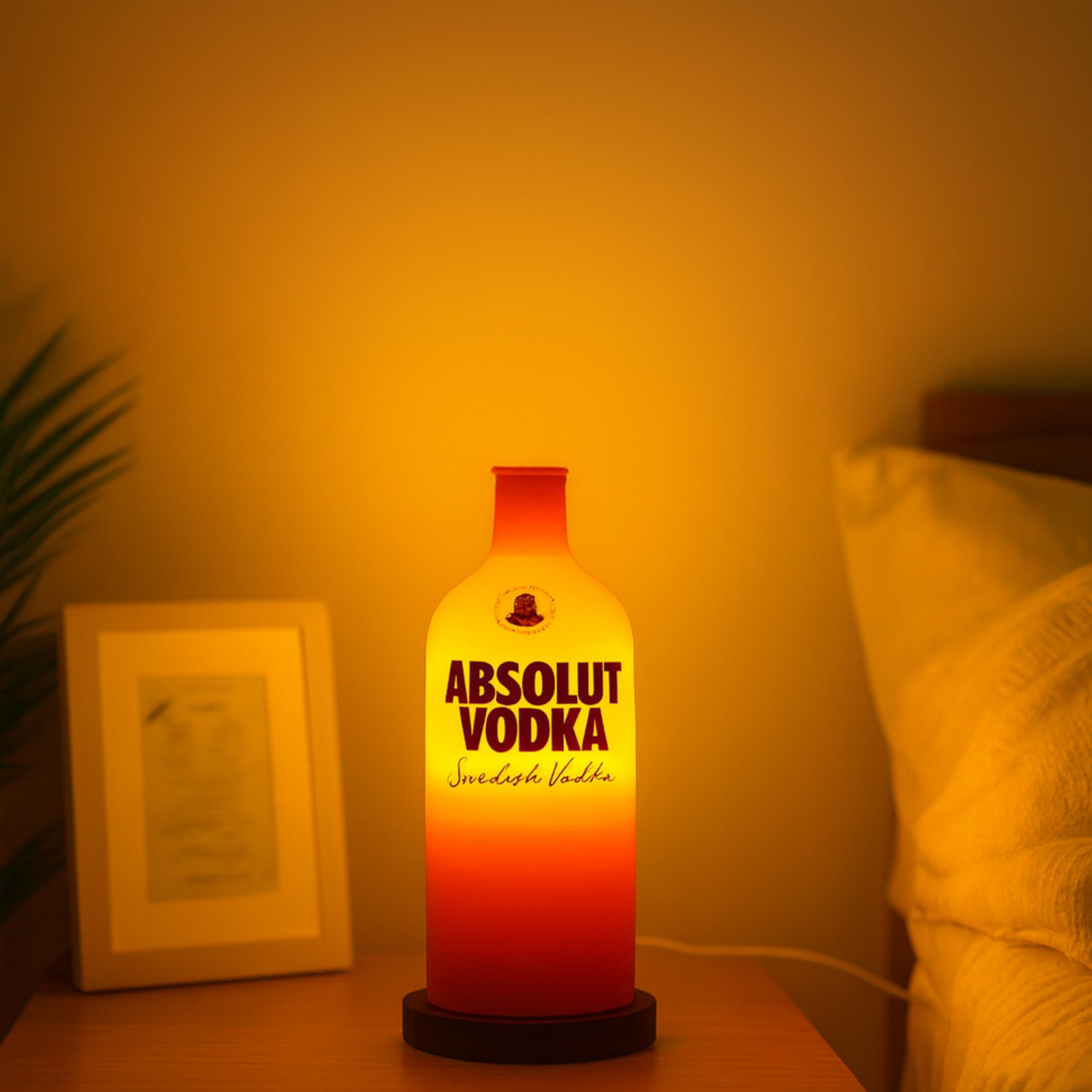 Absolut Vodka Decorative Bottle Lamp with Wooden Base & Built-in LED Light | Stylish Home & Bar Décor (Orange)-image-2
