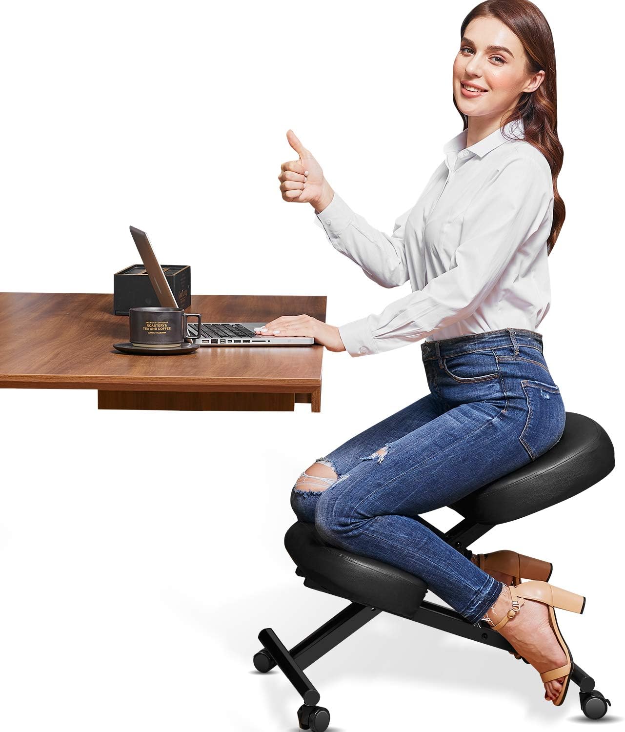 Himimi Ergonomic Kneeling Chair for Office - Faux Leather - Thick Comfortable Moulded Foam Cushions - Brake Casters, Adjustable Stool for Home & Office