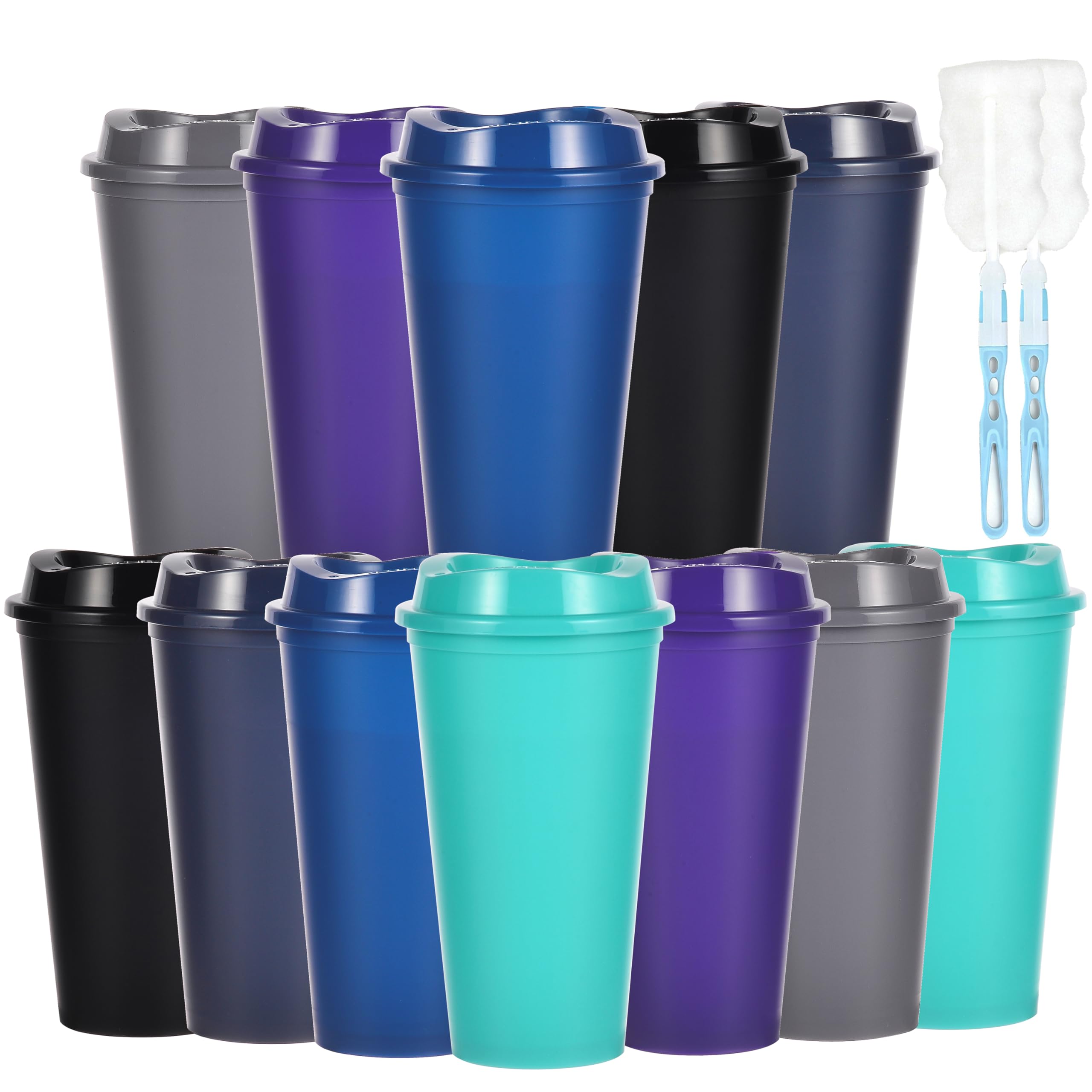 CuppaLifes 475ml Reusable Coffee Cups with Lids, 12 Pack Insulated Plastic Tumblers, Travel Mugs for Hot/Cold Drinks, Smoothie, Takeaway Cups for Adults (12, Dark)