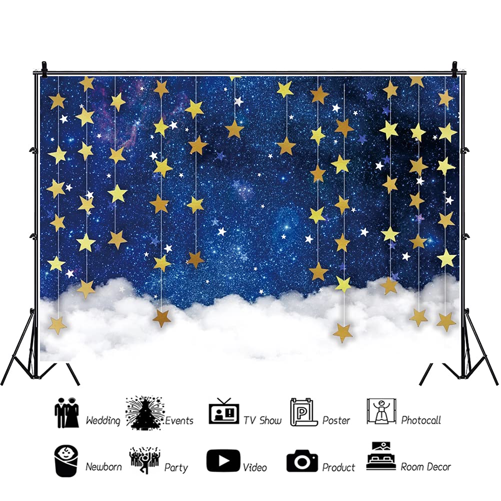 Cielo Stellato Sfondo 600x300cm Oro Stelle Nappa Nuvole Bianche Fotografia Sfondo Scintillio Scintillio Piccole Stelle Festa di Compleanno Fotografia Sfondo Baby Shower Banner