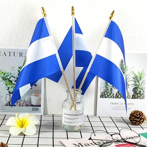 Miniatura 5 de Newperlite Mini banderas de mano de El Salvador Stick Flag Salvadoran - Poste de madera maciza y parte superior de lanza, paquete de 12, 5 x 8