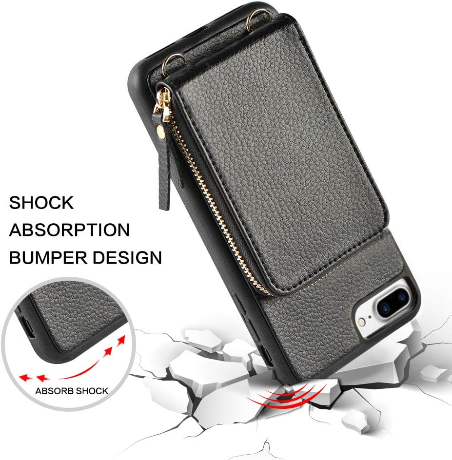iPhone 8 Plus Wallet Case, JLFCH iPhone 7 Plus Wallet Zipper Case with Credit Card Slot Card Holder Crossbody Strap Purse Leather Handbag Case for iPhone 7 Plus/8 Plus 5.5 inch - Black