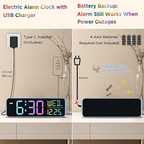 Miniatura 12 de Peakeep Reloj digital, reloj despertador alimentado por batería para dormitorios, esfera de espejo, números grandes, 6 atenuadores para personas Aqua
