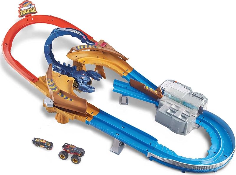 Monster Trucks Scorpion Sting Raceway Track Set with 1 Toy Truck & 1 Car in 1:64 Scale, Boosted Race Track
