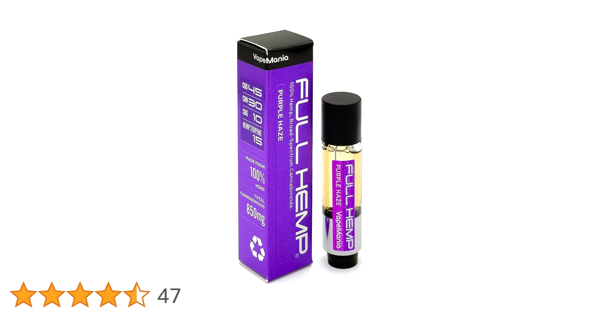 Amazon | VapeMania FULL HEMP Cartridge PURPLE HAZE 1ml CBD CBN CBG
