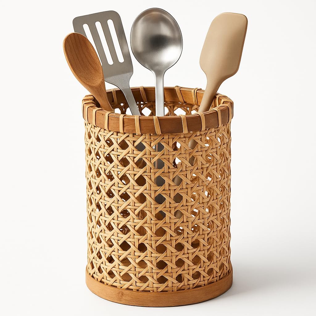 Boho Utensil Holder - Handwoven Rattan Utensil Holder for Kitchen