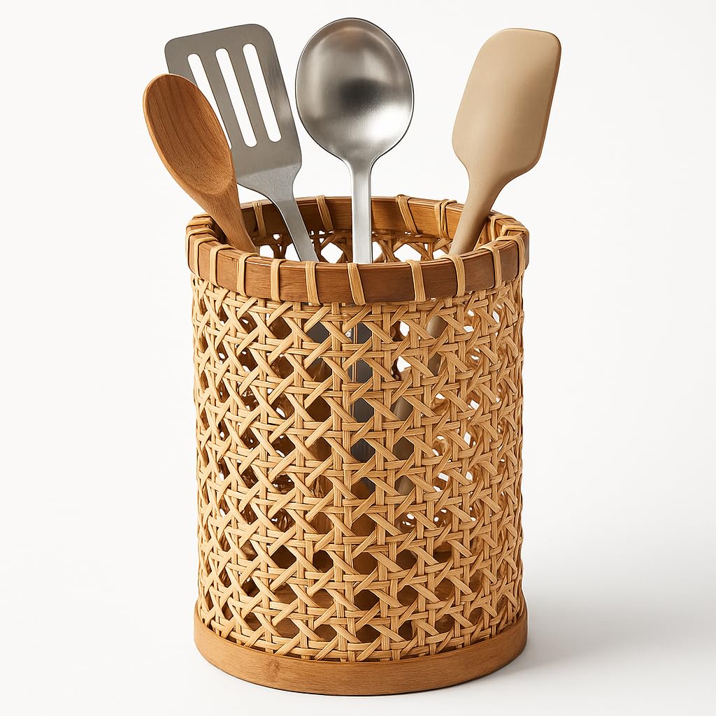 Boho Utensil Holder - Handwoven Rattan Utensil Holder for Kitchen