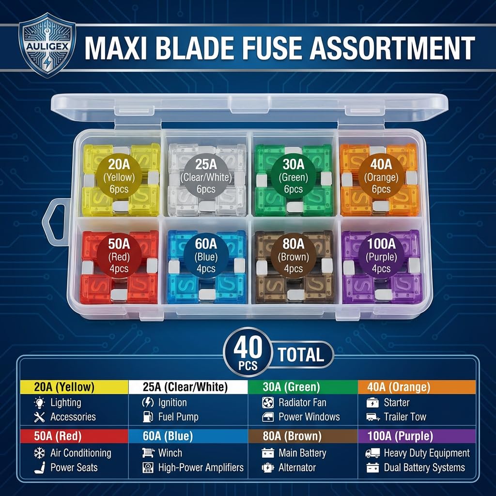 40pcs Maxi Blade Fuse Assortment Kit Automotive APX Large Fuses 20A to 100A Heavy Duty Replacement Fuses for SUV Truck RV Camper Boat Car Audio Includes High Amp 70A 80A 100A