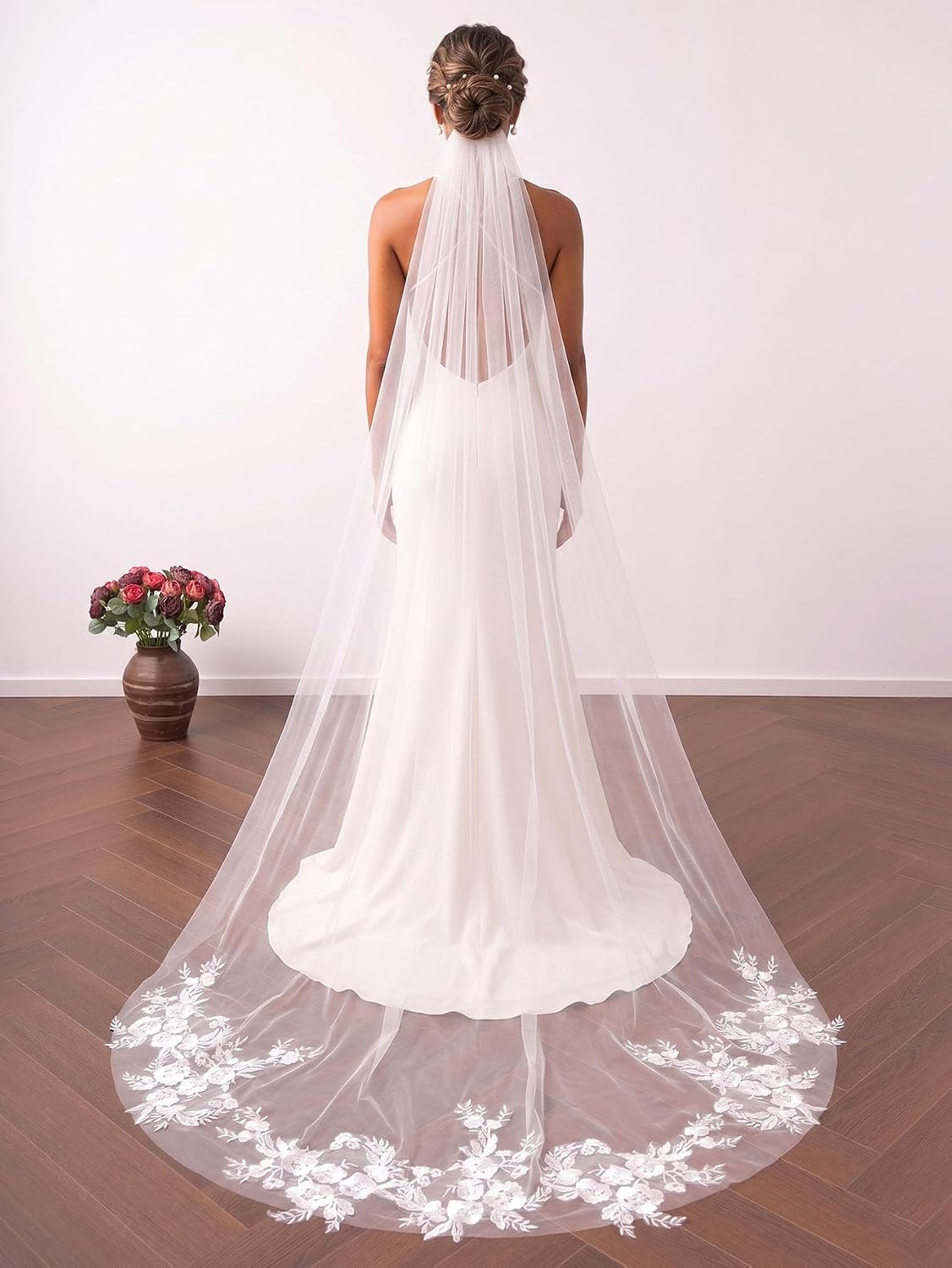 Lace Sequin Applique Chapel Length Wedding Bridal Veil with Comb for Bride