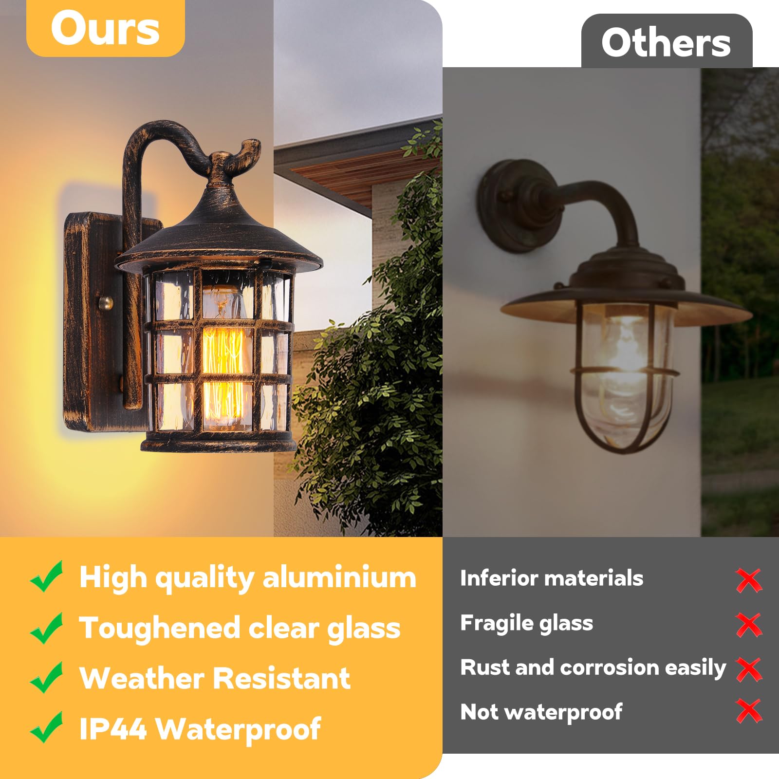 Applique da Esterno Vintage E27 IP44 Alluminio, Marrone | Lampada con Paralume in Vetro Impermeabile IP44, Attacco E27, senza Lampadina, Lanterna per Giardino Terrazza Balcone Parete