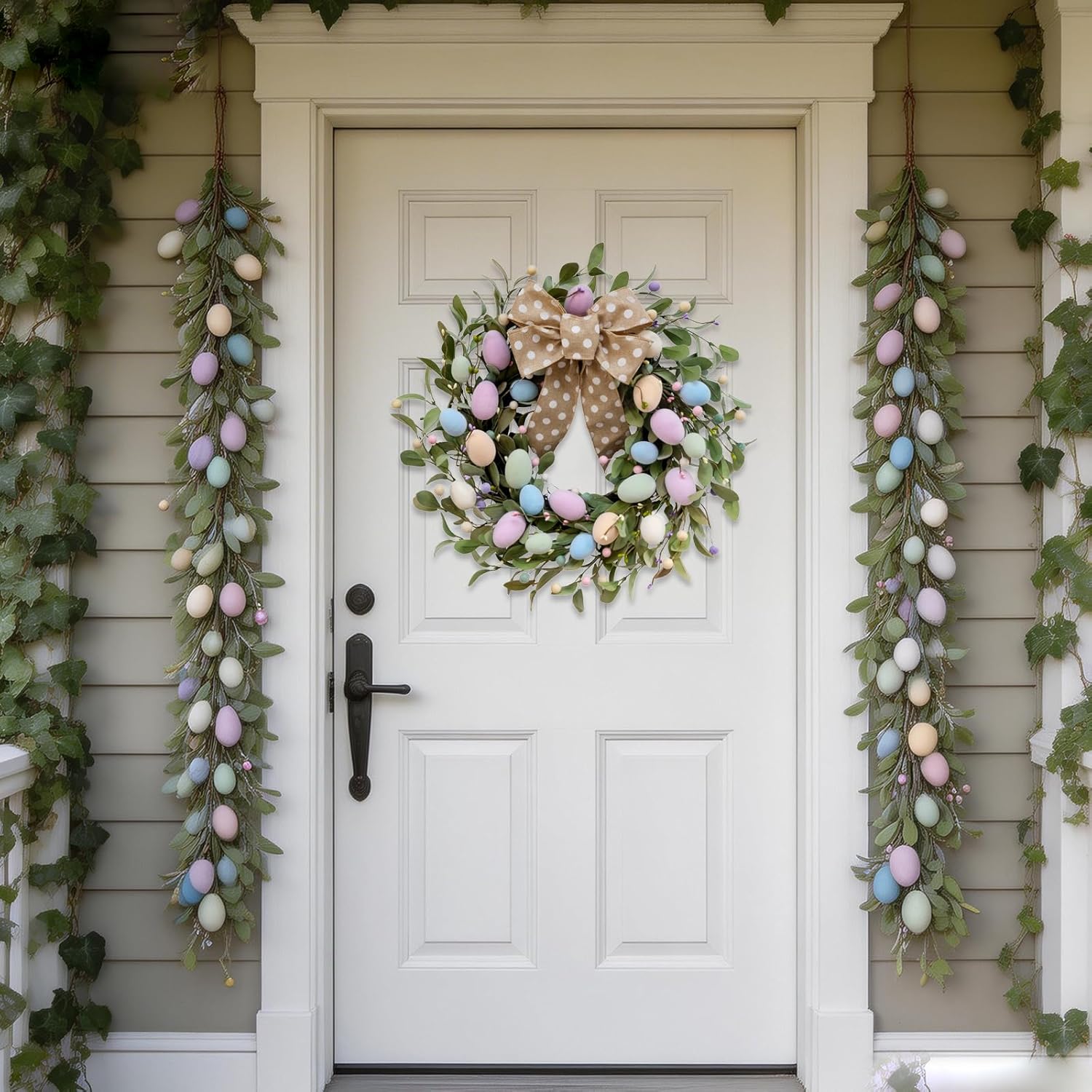 TEMPUS 6Ft Easter Artificial Garland with Eggs, Spring Mixed Lamb's Ear Leaves, Farmhouse Hanging Rustic Decor for Front Door, Kitchen, Fireplace, Home, Indoor & Outdoor