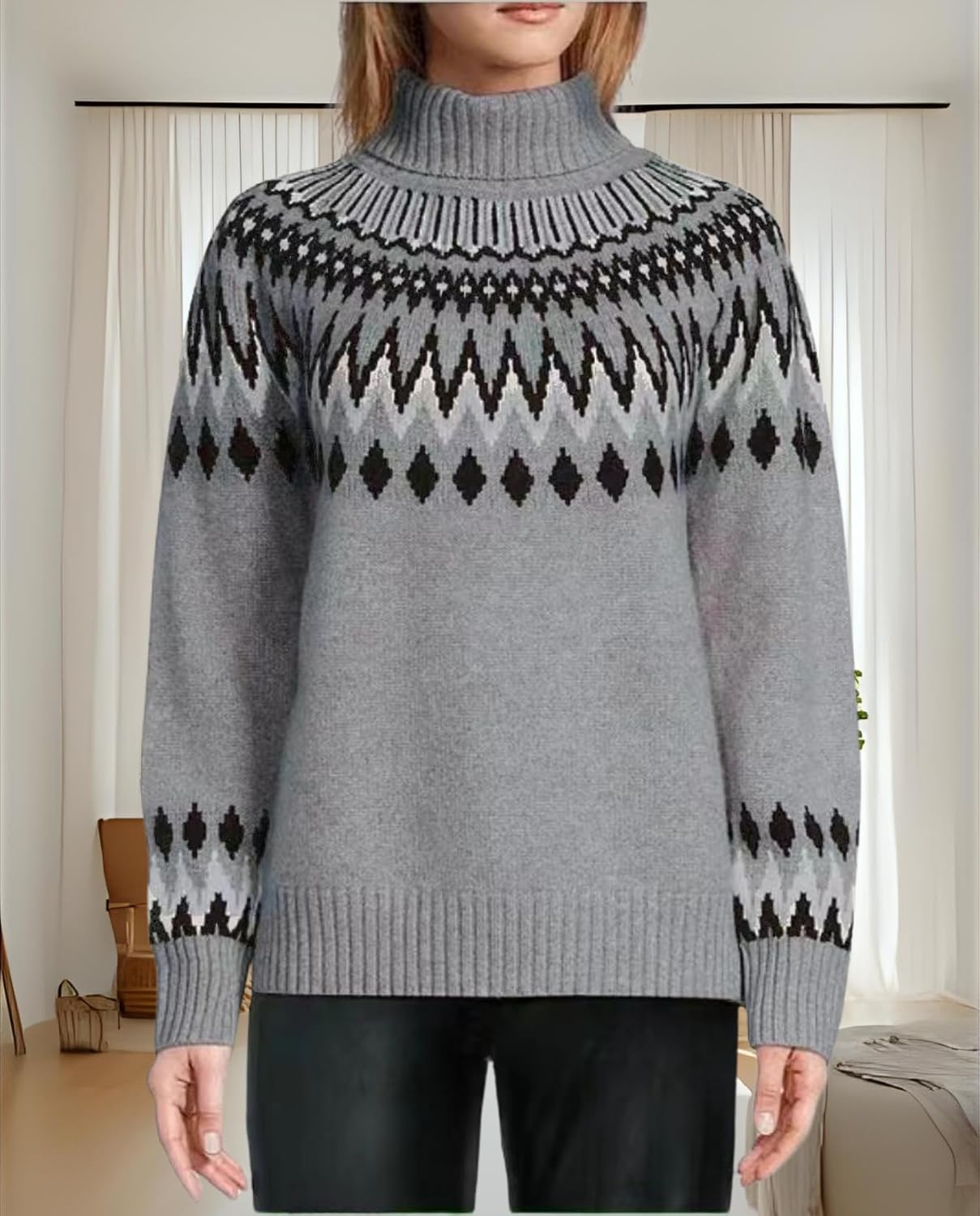 Women's Geometric Print Turtleneck Sweater Winter Warm Long Sleeve Casual Top for Vacation and Daily Wear - Image 2