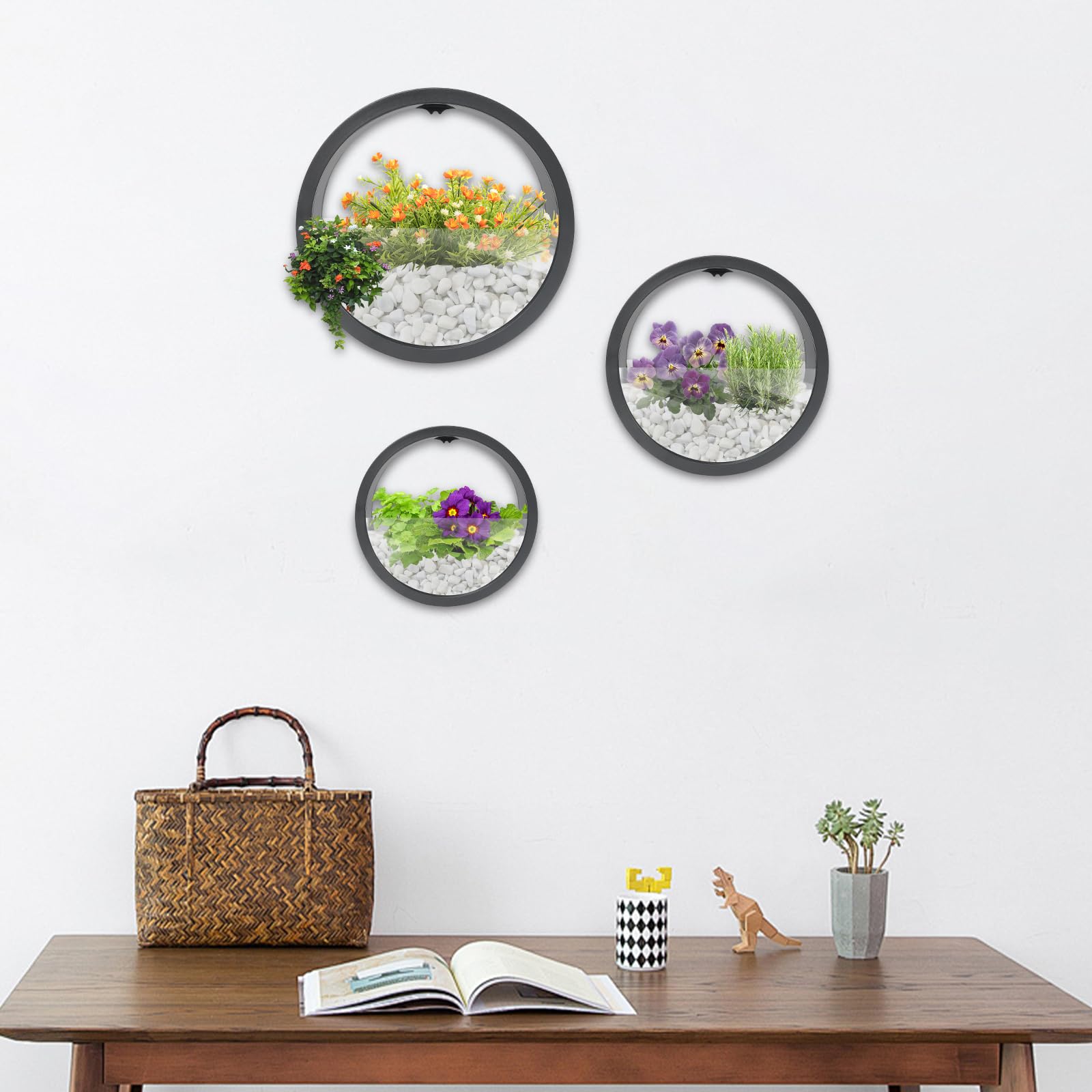 Vaso da fiori da appendere, 30,5 x 30,5 x 22 cm, vaso decorativo da parete per fiori, composizioni floreali, piante grasse (nero, trasparente)
